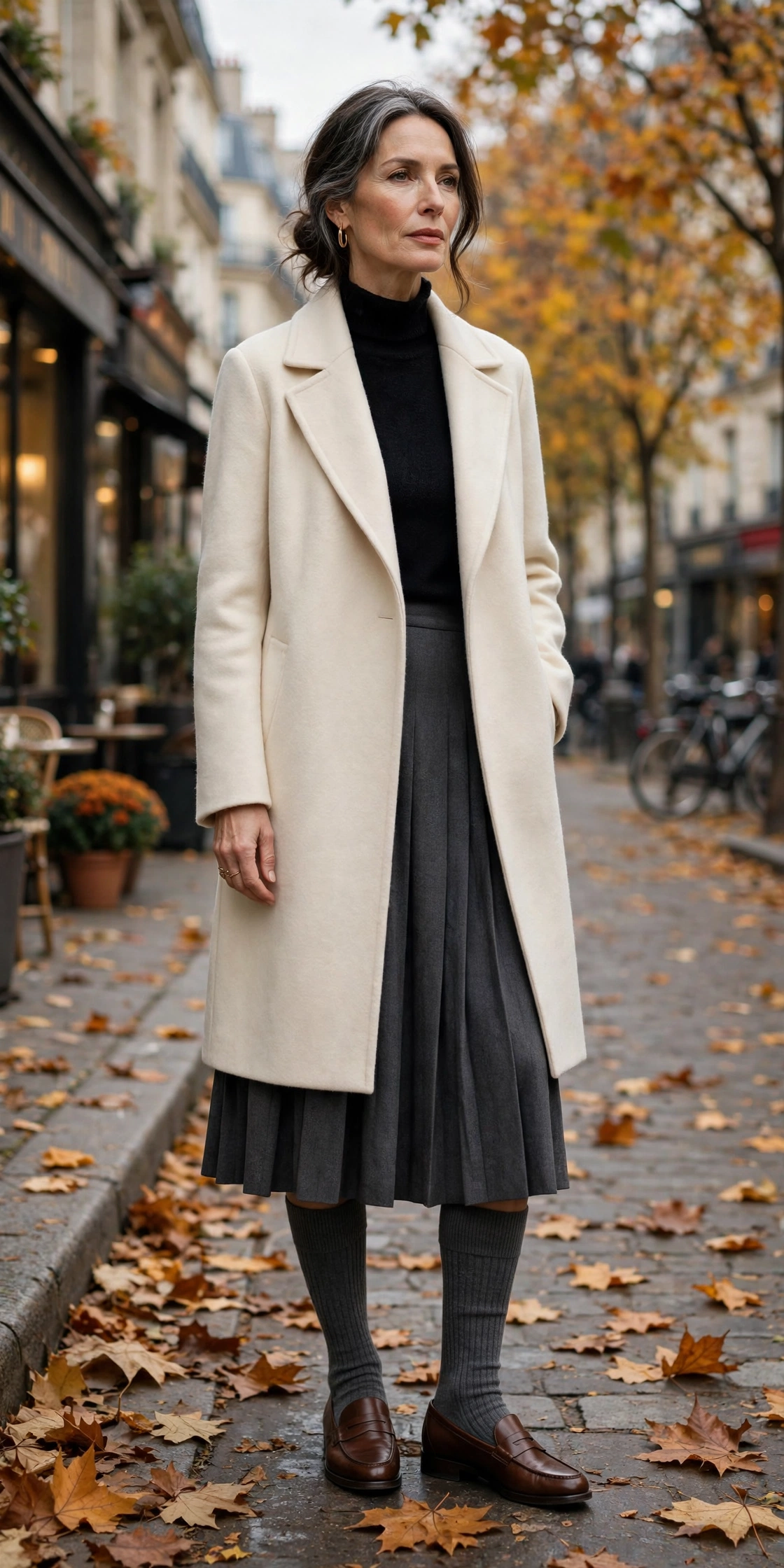 Woman over 50 in charcoal ribbed knee socks, brown loafers, charcoal pleated midi skirt, cream coat