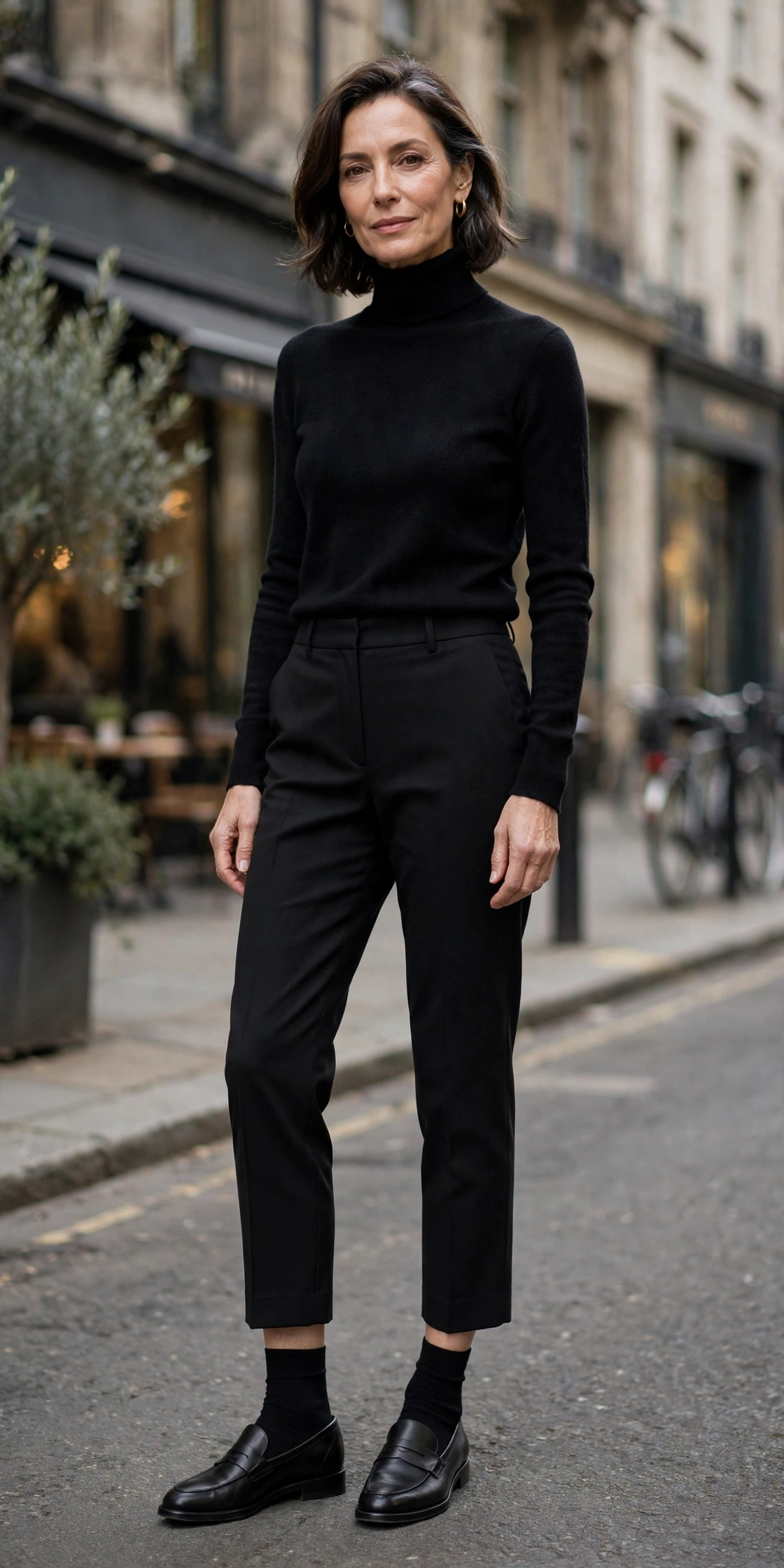 Woman over 50 in black ankle socks, black loafers, black cropped trousers, black turtleneck
