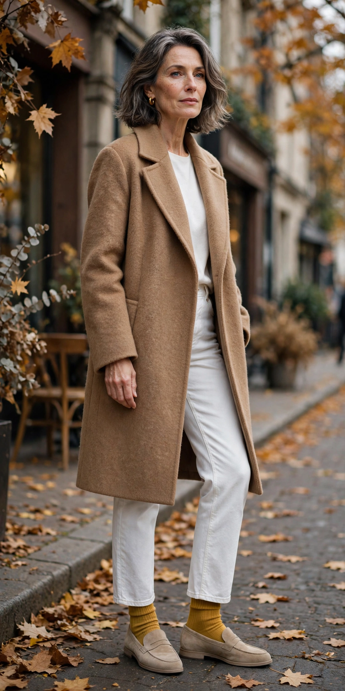 Woman over 50 in mustard yellow socks, beige loafers, white jeans, camel wool coat