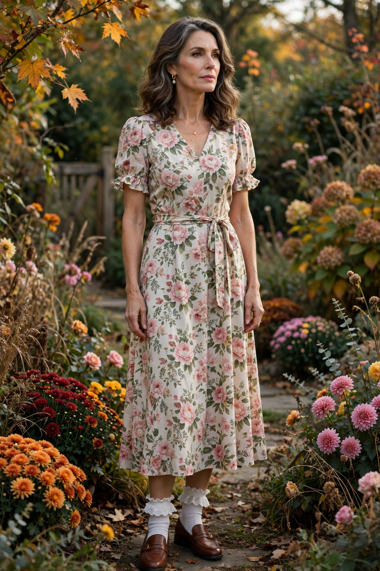 Woman over 50 in white ruffle-trim socks, brown loafers, floral midi dress