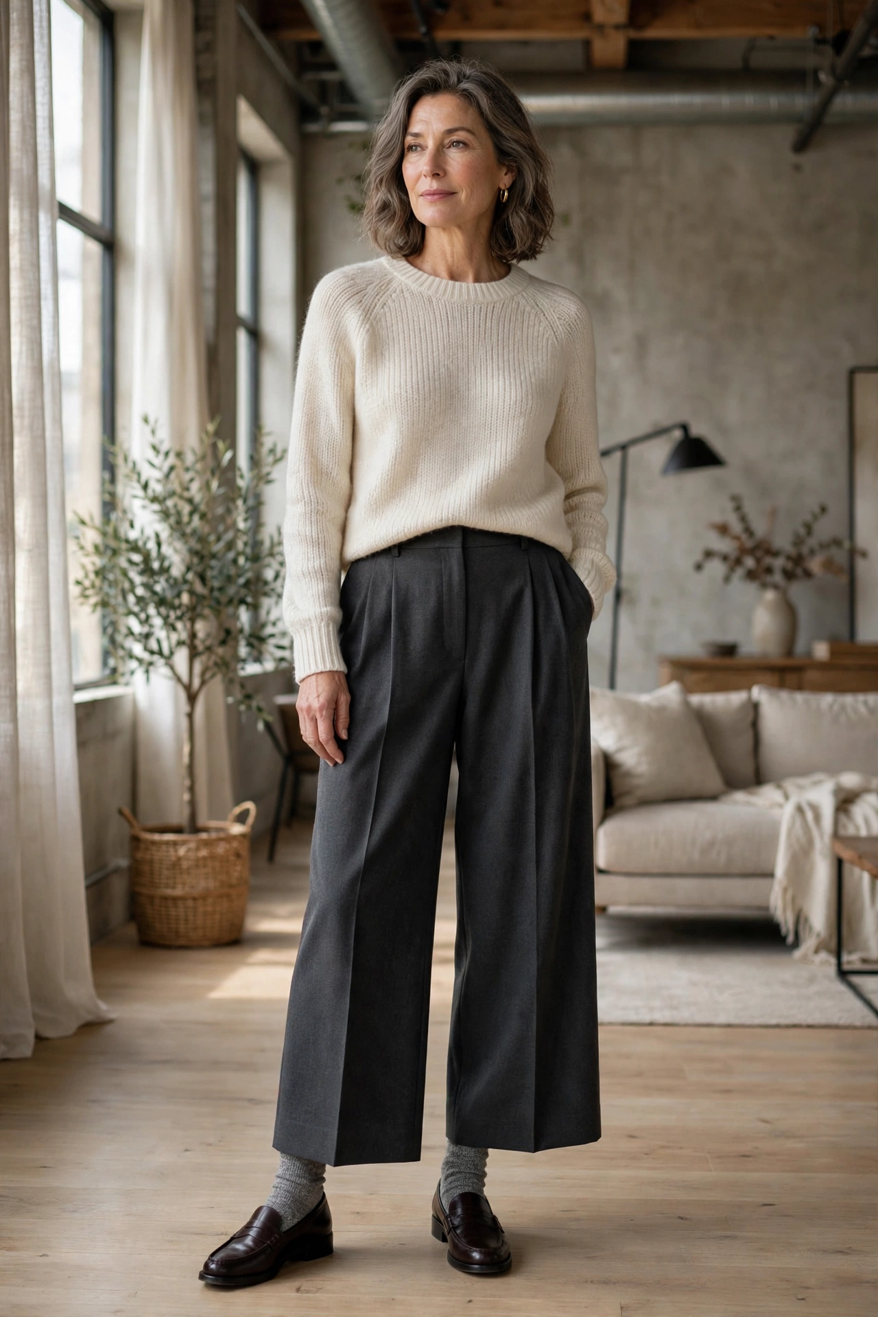 Woman over 50 in grey marle crew socks, dark brown loafers, charcoal wide-leg trousers, cream knit