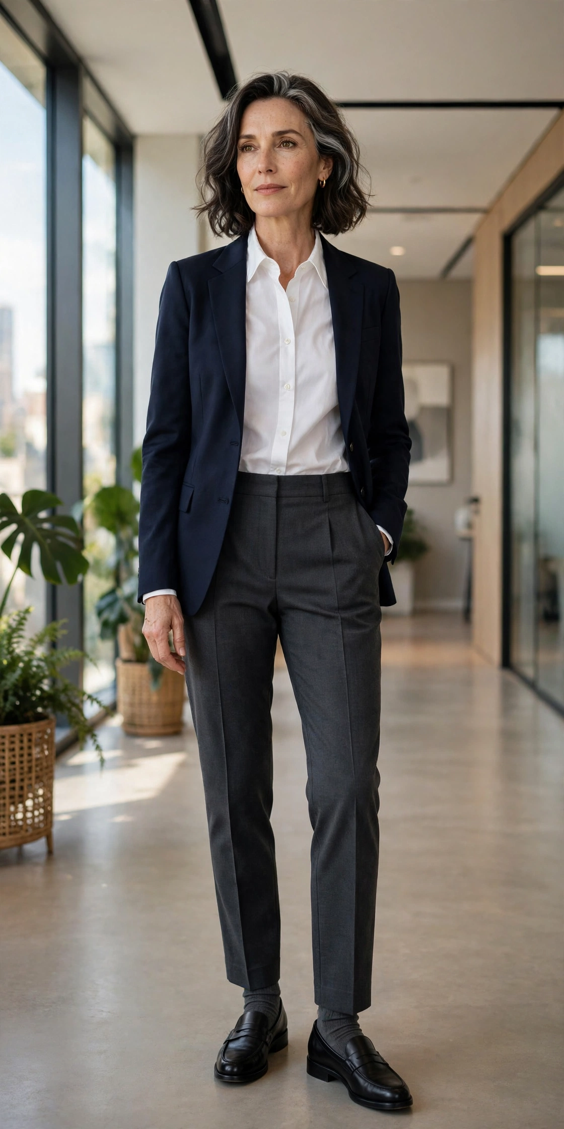 Woman over 50 in charcoal ankle socks, black loafers, tailored trousers, white shirt, navy blazer