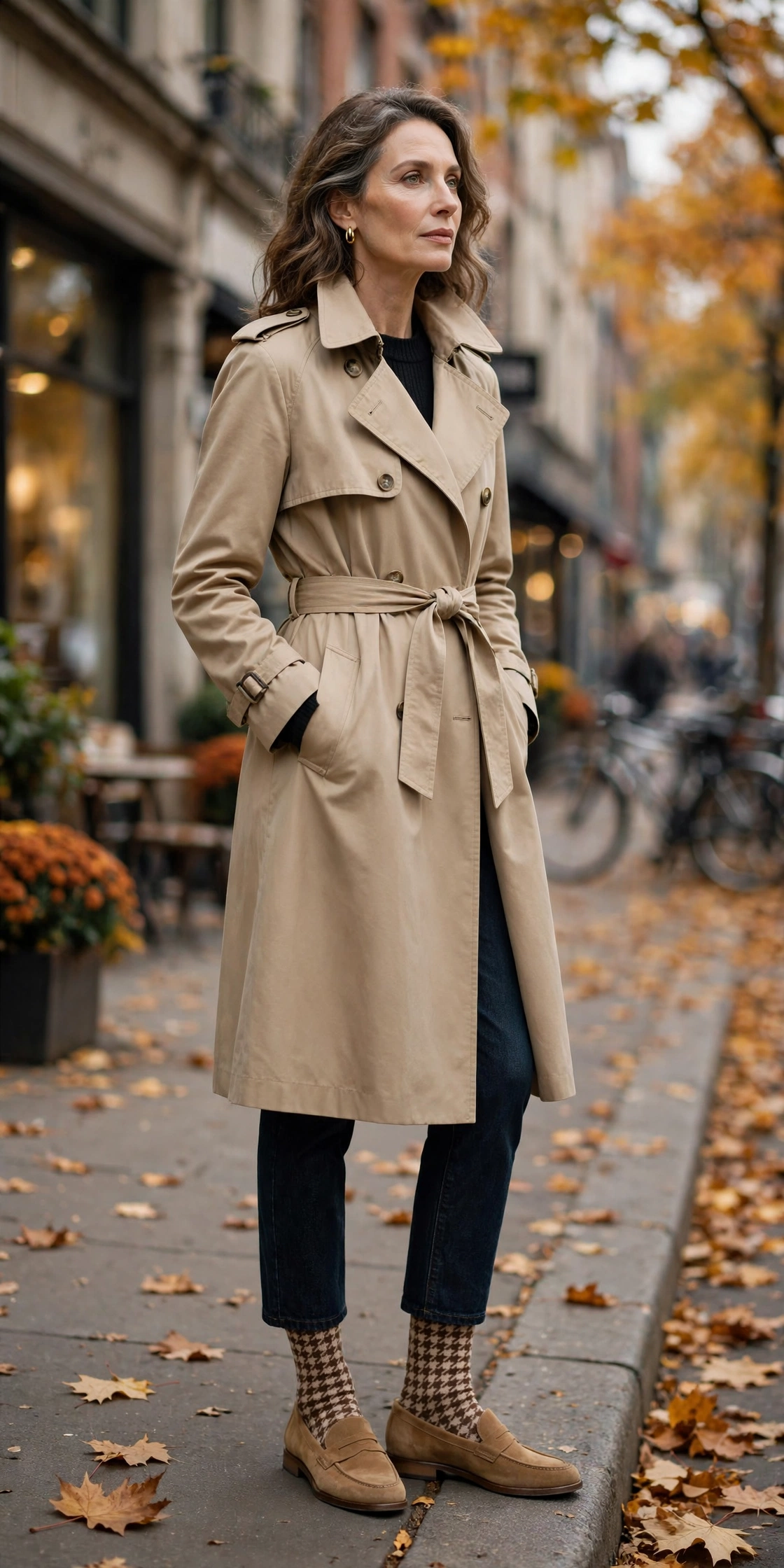 Woman over 50 in houndstooth socks, tan loafers, dark jeans, classic beige trench coat