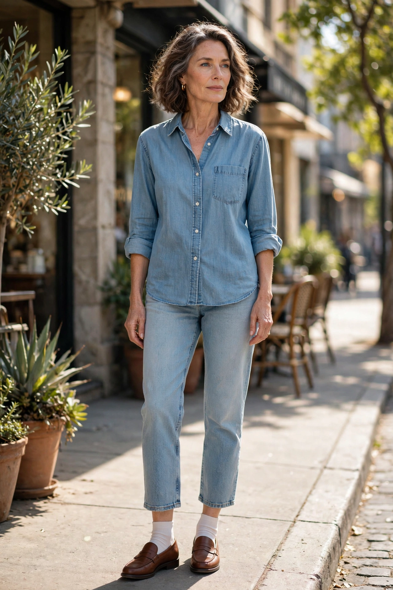 Woman over 50 in thin white ankle socks, brown loafers, cropped jeans, chambray shirt