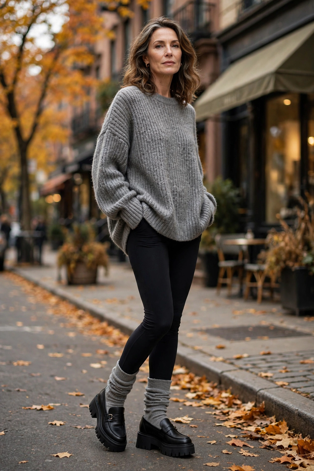 Woman over 50 in slouchy grey scrunch socks, black platform loafers, leggings, oversized grey sweater