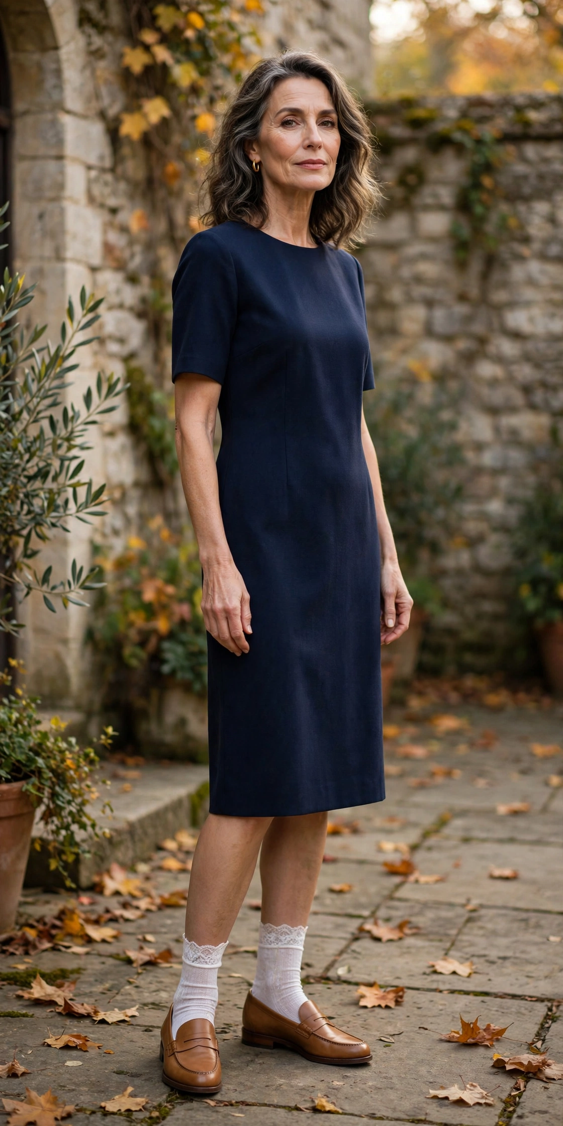 Woman over 50 in white lace-trim socks, tan loafers, navy shift dress