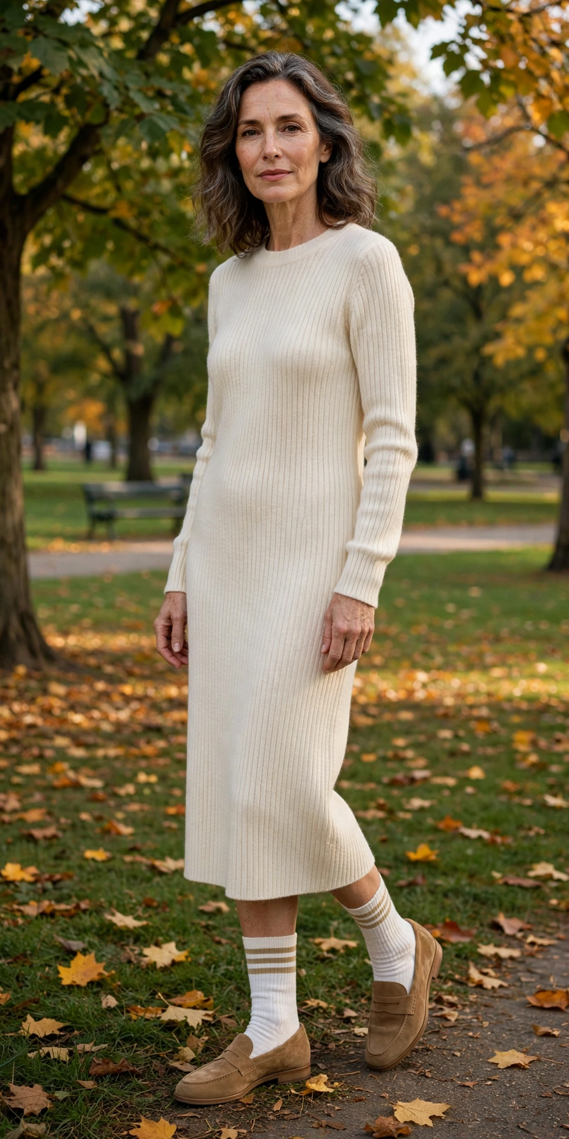 Woman over 50 in white striped tennis crew socks, tan loafers, cream ribbed knit dress