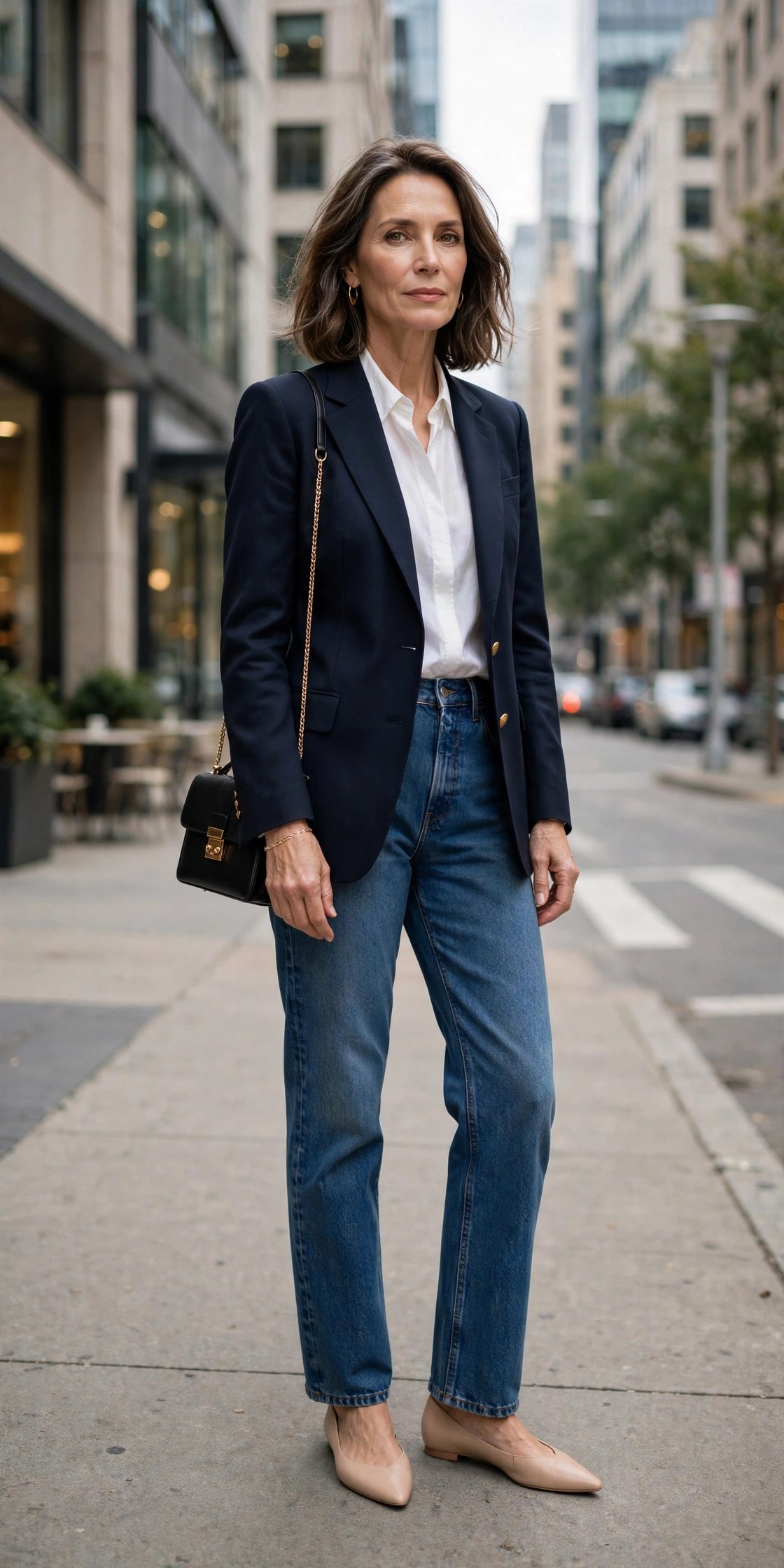 Woman in her 50s wearing straight-leg jeans with a navy blazer and pointed nude flats