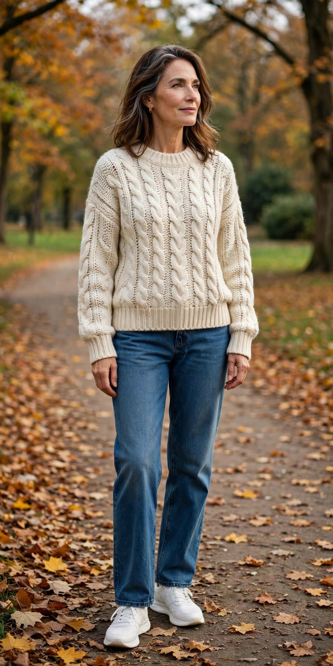 Woman in her 50s wearing straight-leg jeans with a chunky cream knit sweater and white sneakers