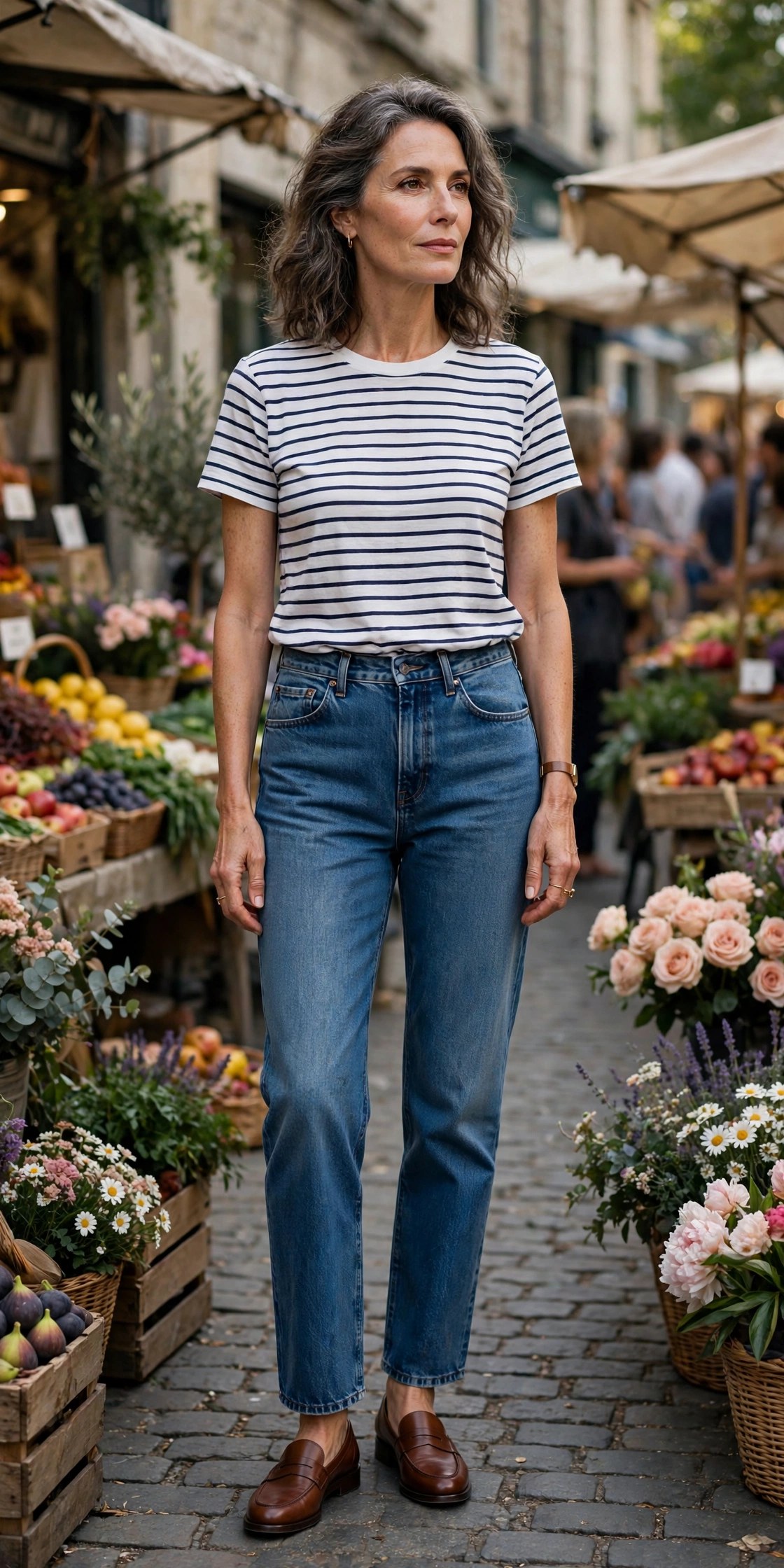 Woman in her 50s wearing straight-leg jeans with a tucked-in striped tee and brown loafers
