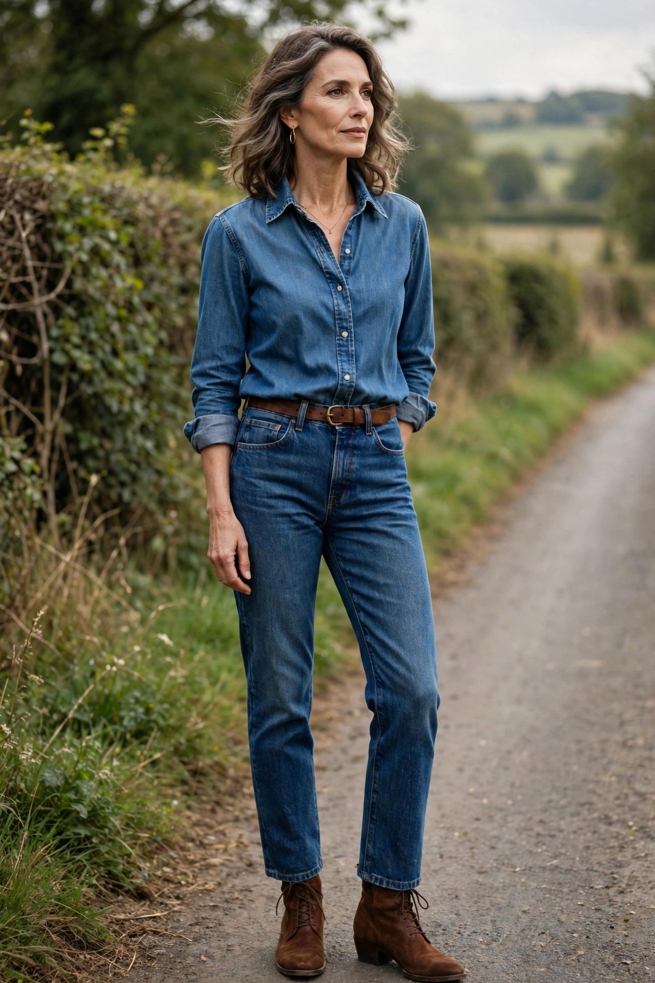Woman in her 50s wearing straight-leg jeans with a chambray denim shirt and brown ankle boots