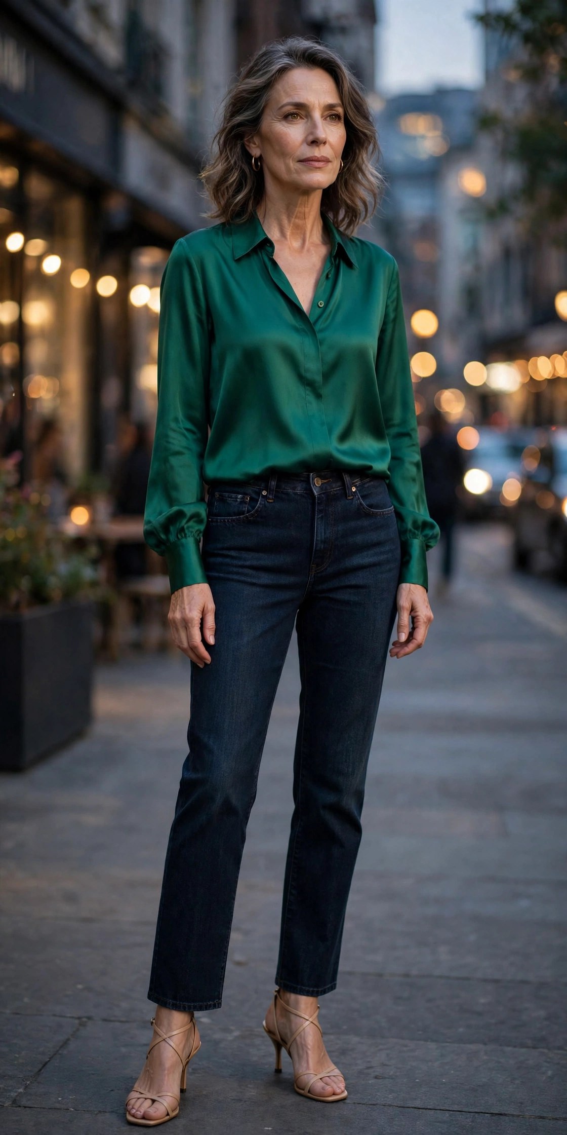 Woman in her 50s wearing dark straight-leg jeans with an emerald silk blouse and heeled sandals