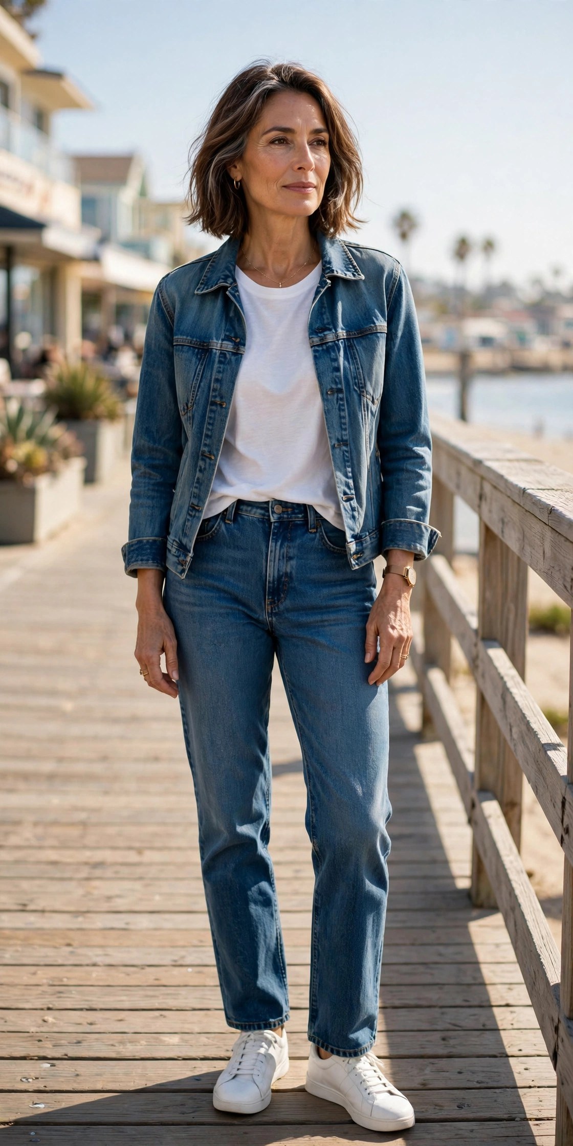 Woman in her 50s wearing straight-leg jeans with a white tee, denim jacket and white sneakers on a boardwalk