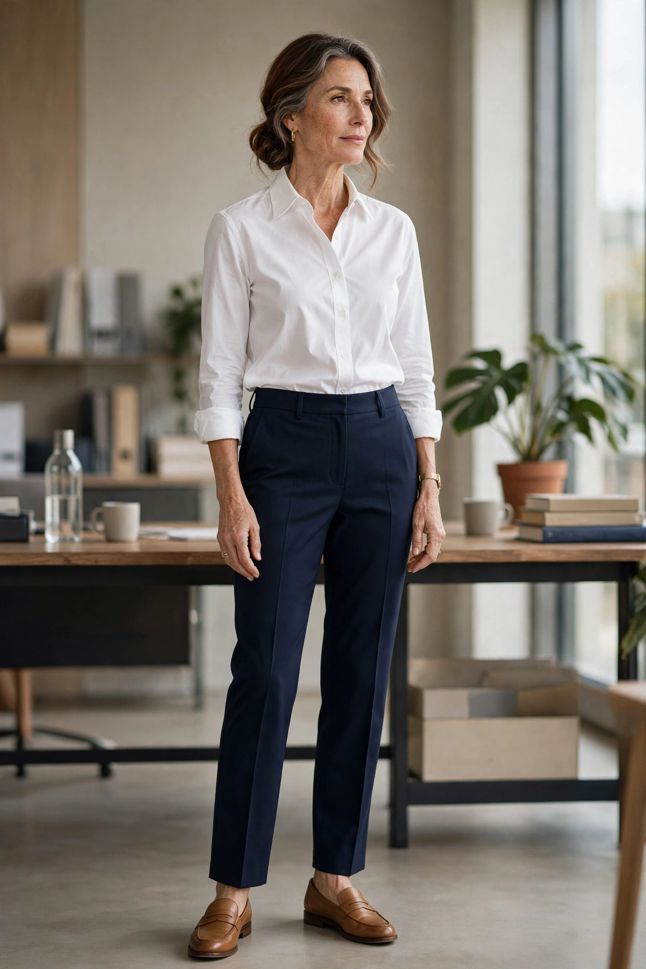 Navy Straight-Leg White Button-Down Loafers - straight leg pants outfit for women over 50