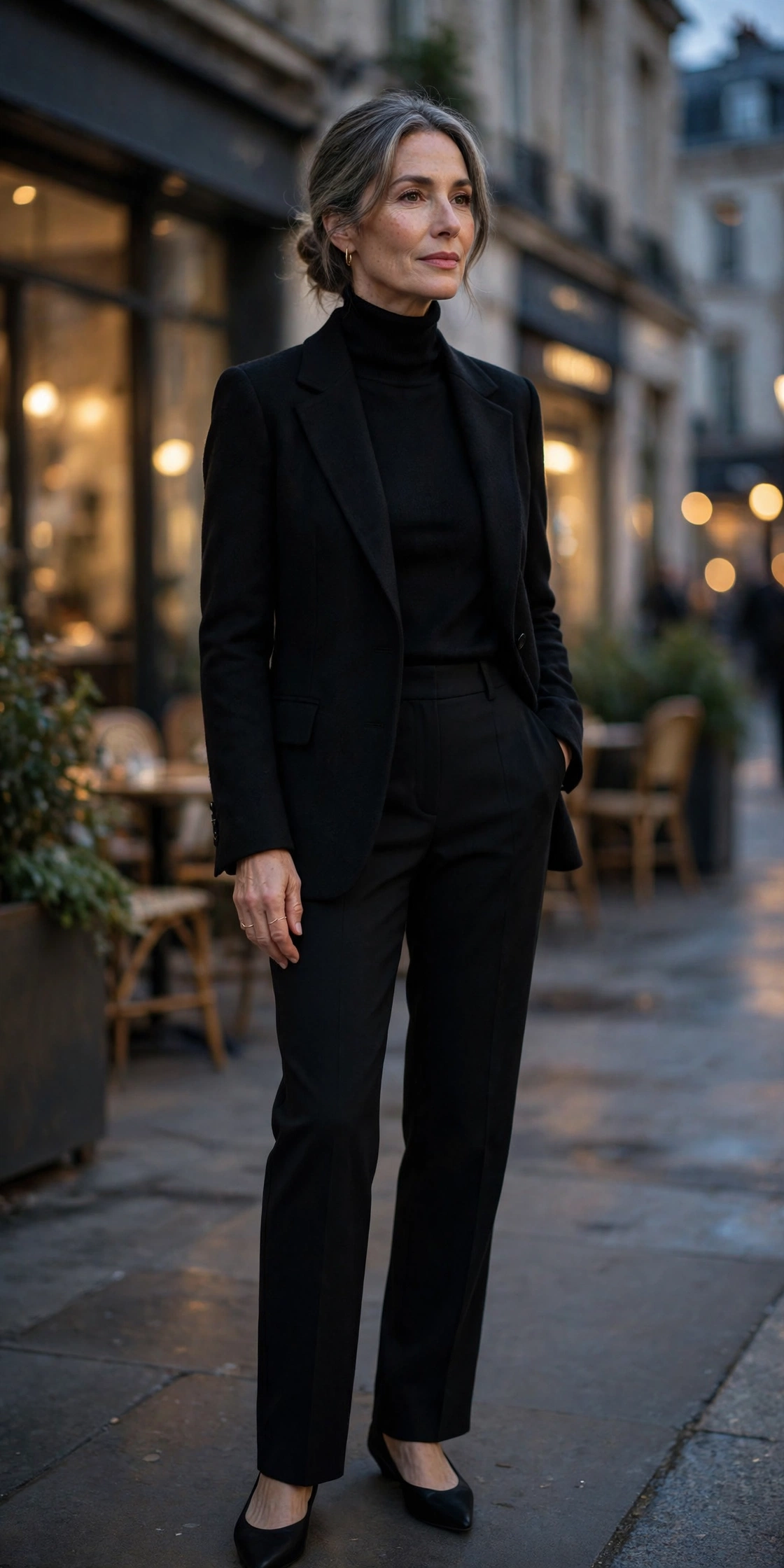 Black Straight-Leg Black Turtleneck Blazer Monochrome - straight leg pants outfit for women over 50