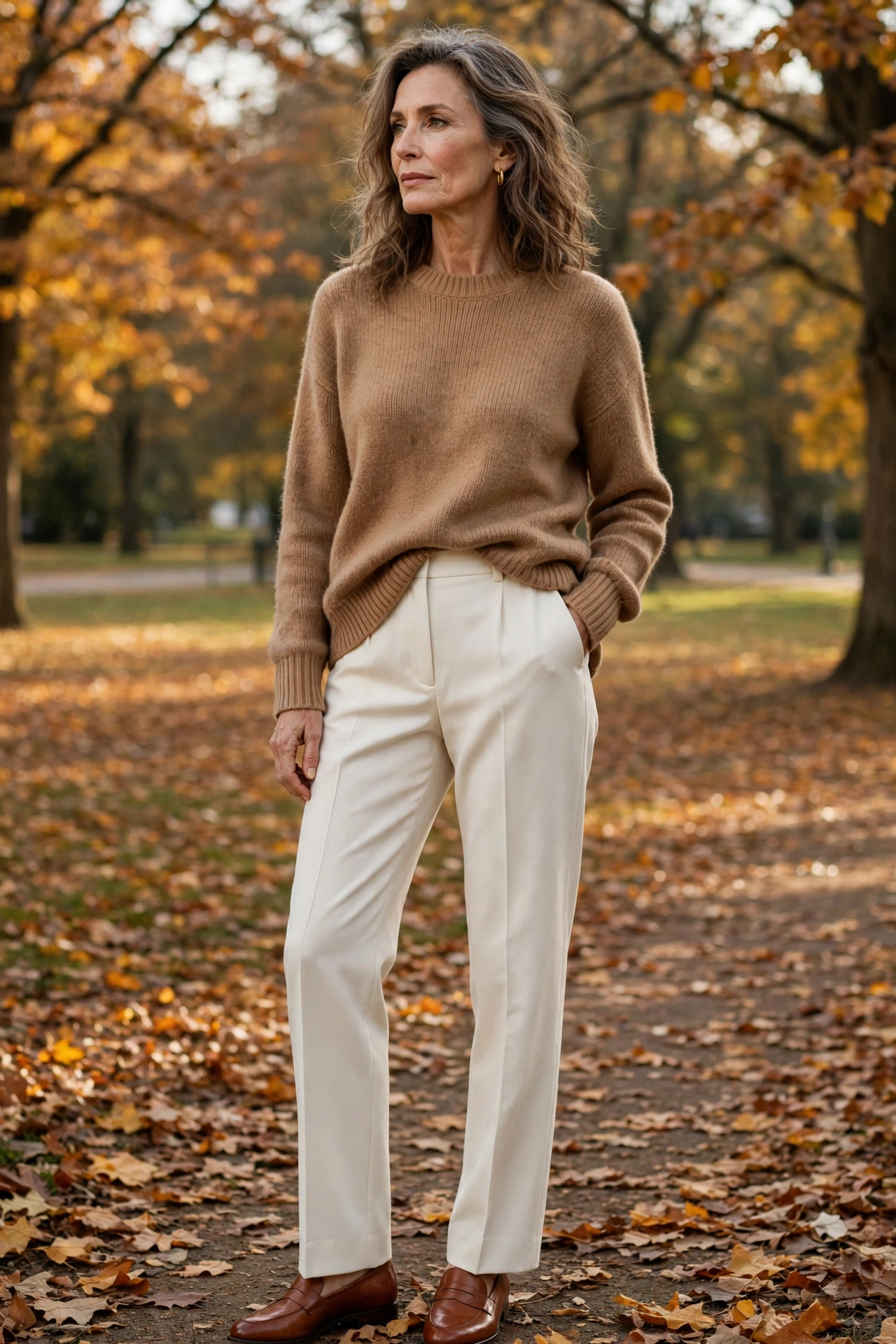 Ivory Straight-Leg Camel Sweater - straight leg pants outfit for women over 50