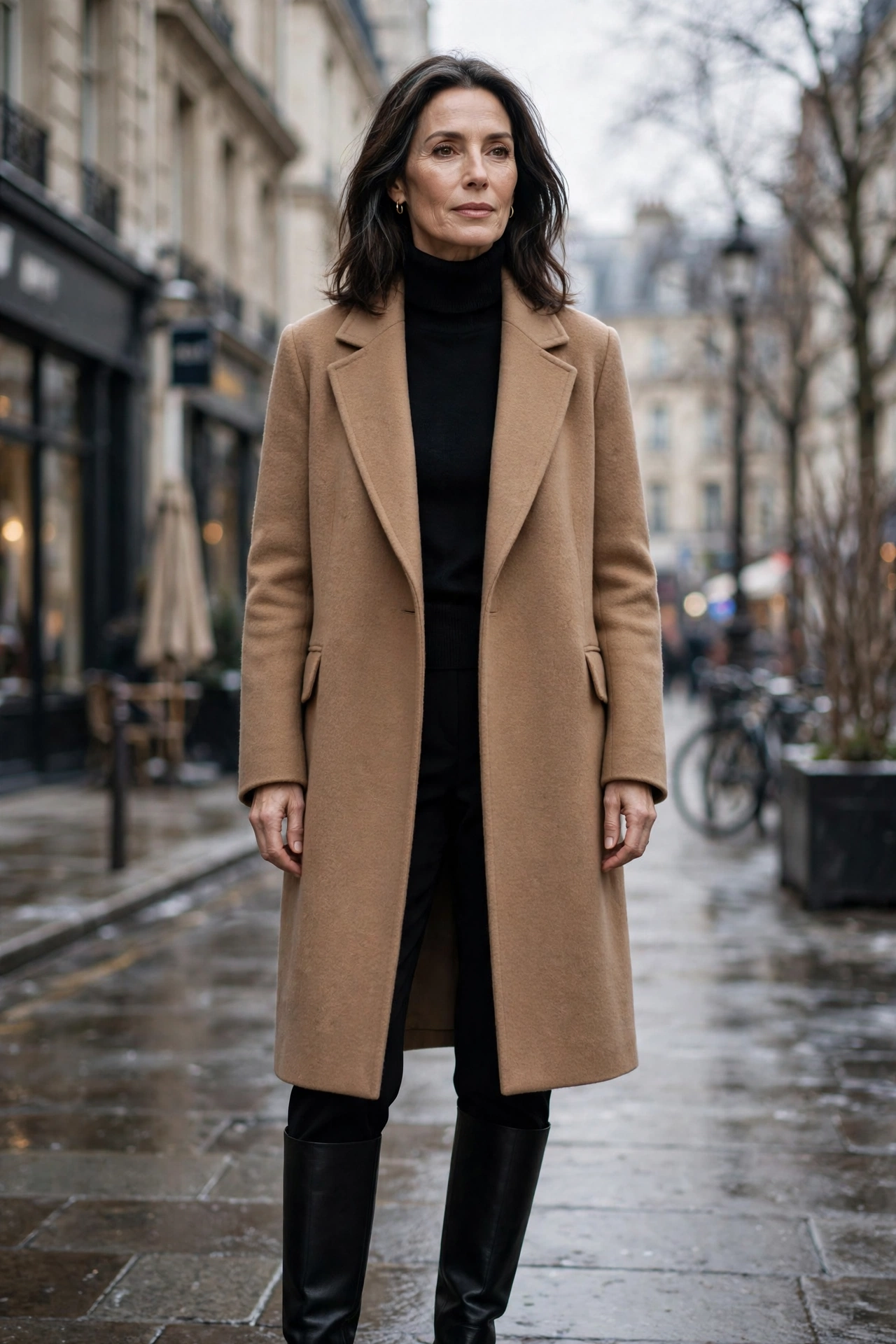 Black Straight-Leg Camel Coat Boots Winter - straight leg pants outfit for women over 50