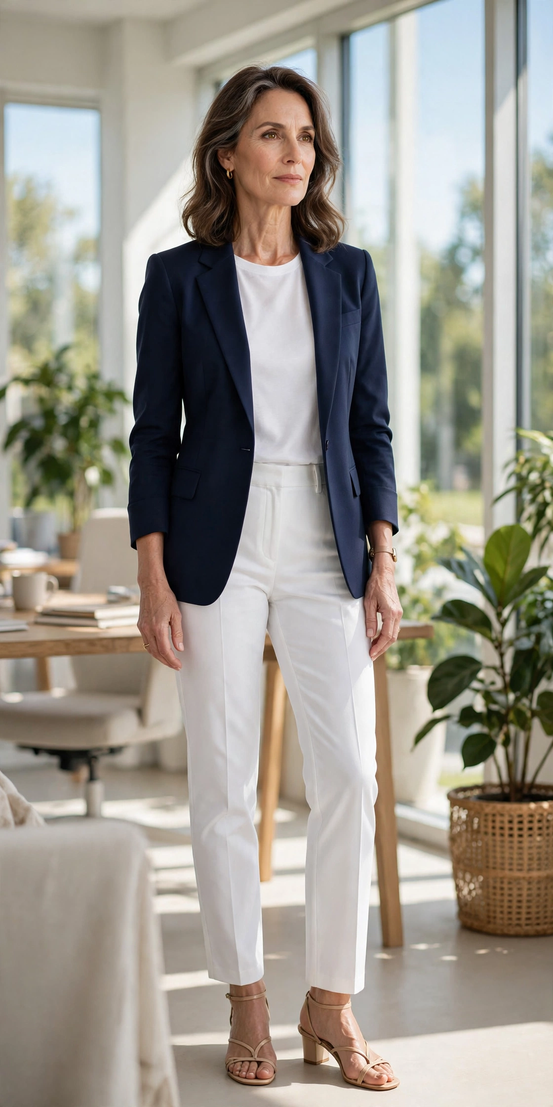 White Straight-Leg Navy Blazer Summer - straight leg pants outfit for women over 50