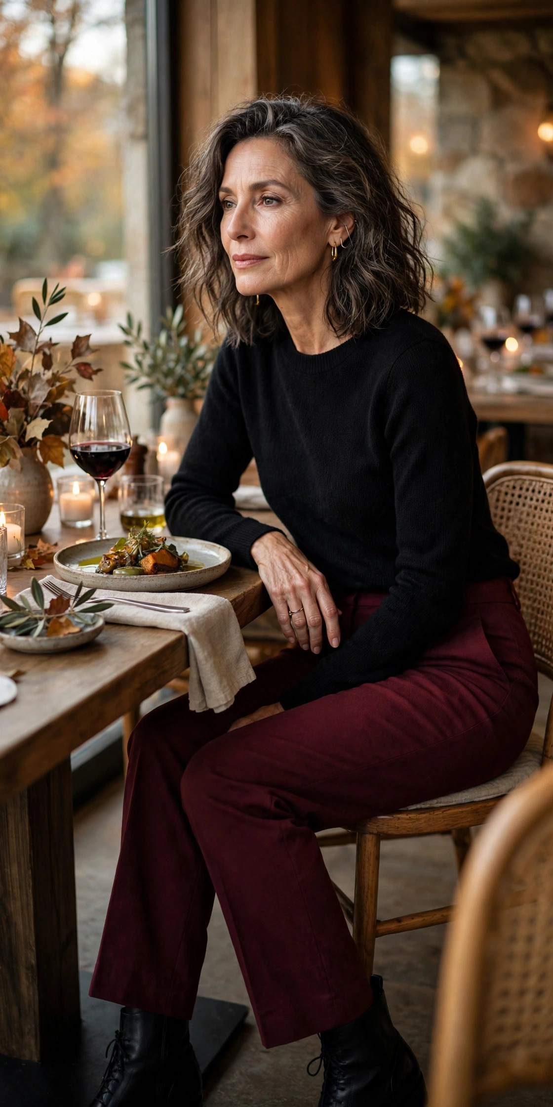 Burgundy Straight-Leg Black Knit - straight leg pants outfit for women over 50