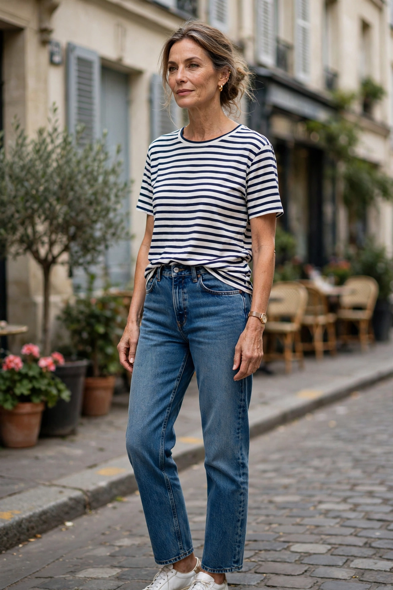 Medium-Wash Straight Jeans Breton Top - straight leg pants outfit for women over 50