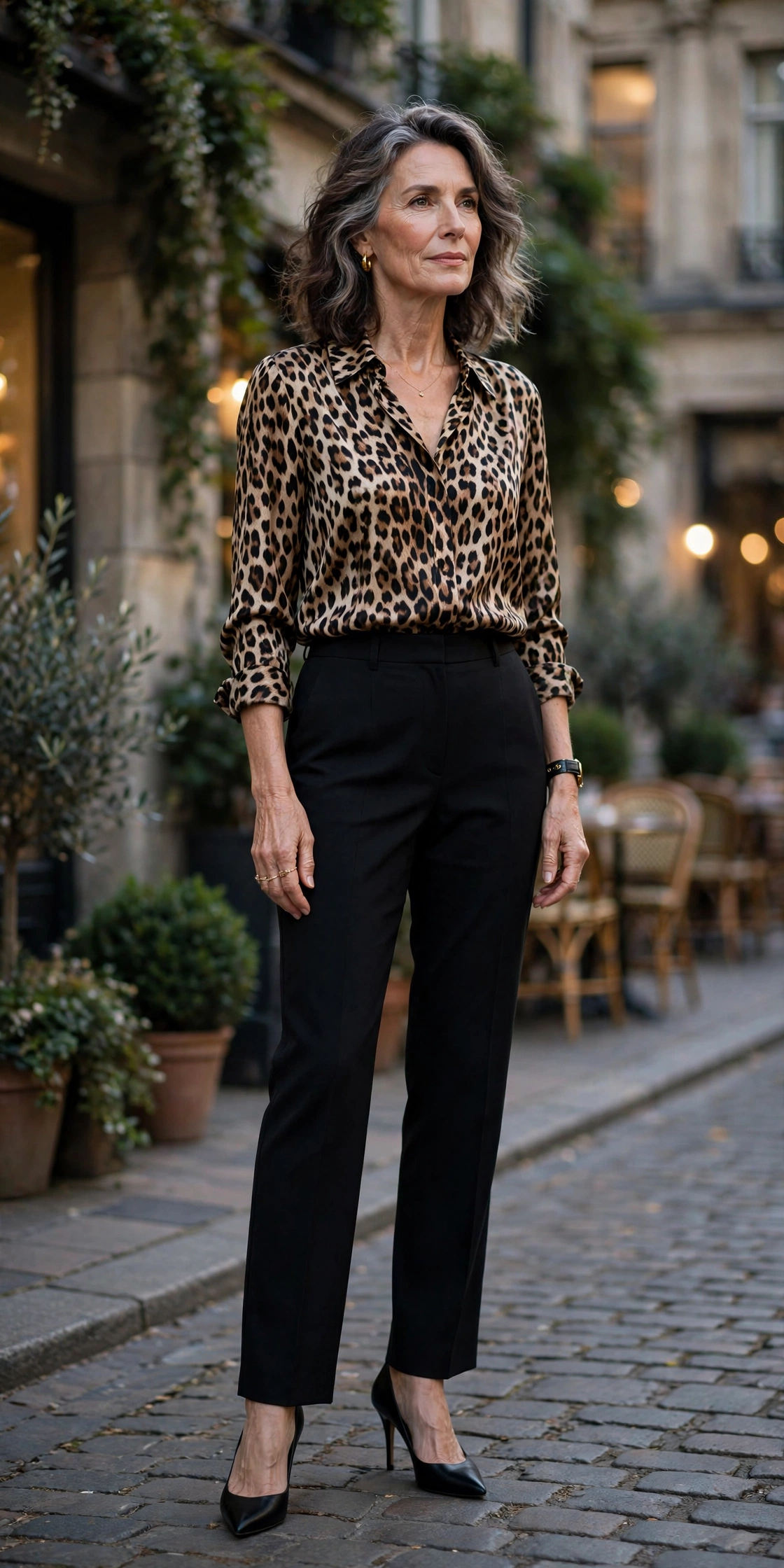 Black Straight-Leg Leopard Blouse - straight leg pants outfit for women over 50