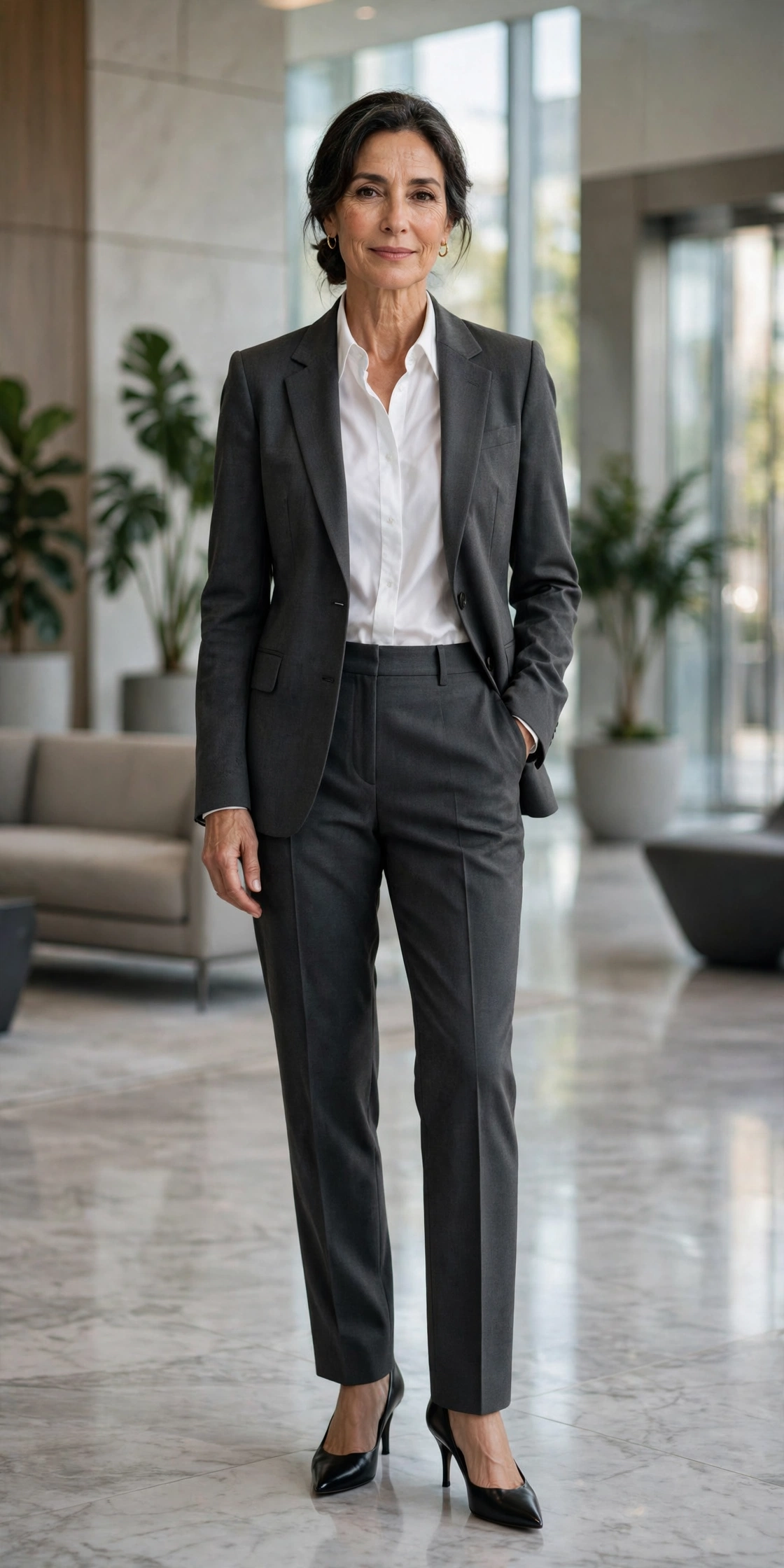 Charcoal Straight-Leg White Shirt Blazer Work - straight leg pants outfit for women over 50