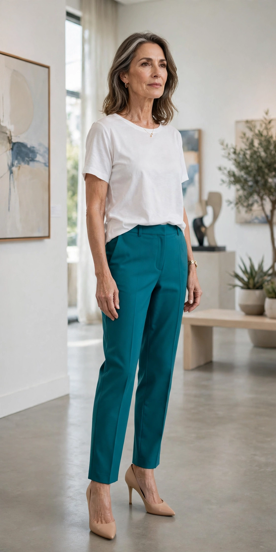 Teal Straight-Leg White Top - straight leg pants outfit for women over 50