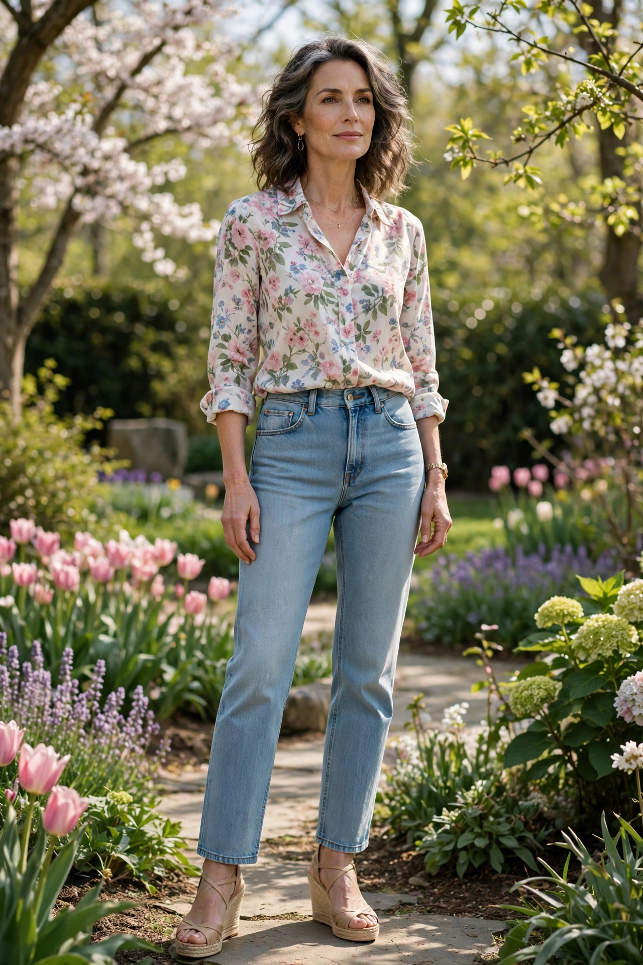 Light Straight Jeans Floral Blouse - straight leg pants outfit for women over 50