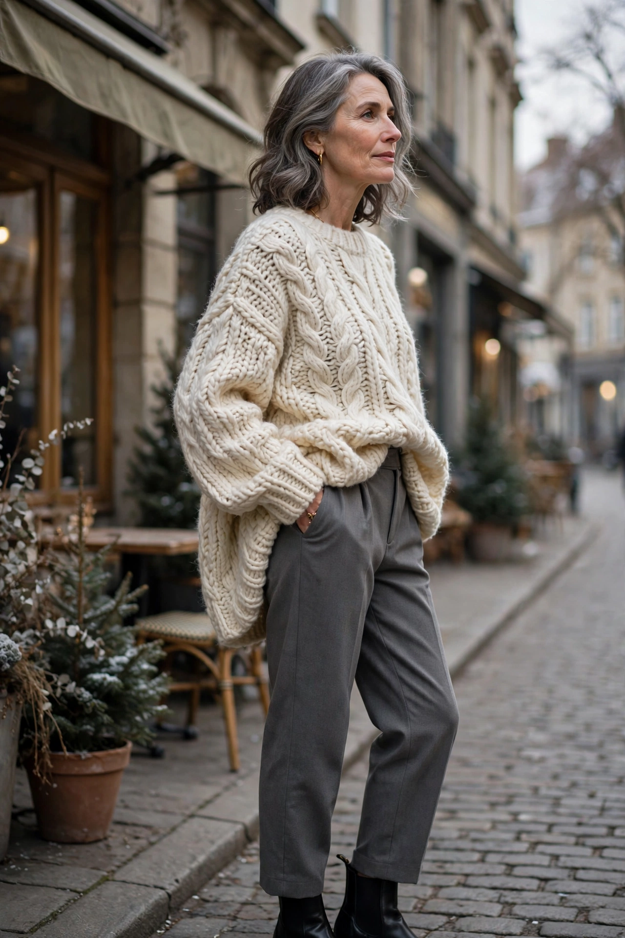 Gray Straight-Leg Chunky Knit Ankle Boots - straight leg pants outfit for women over 50