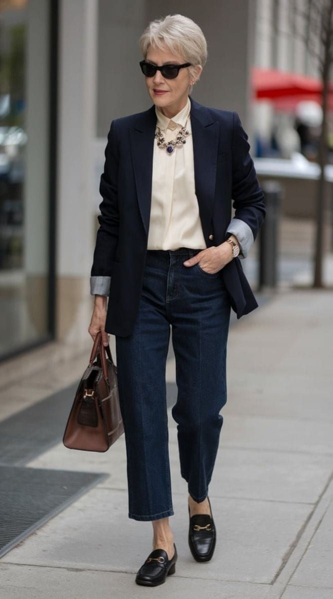 Tan suede loafers with navy trousers and striped tee fall outfit