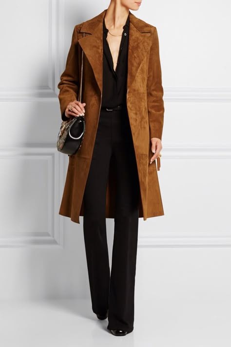 Chocolate suede trench coat over all-black outfit