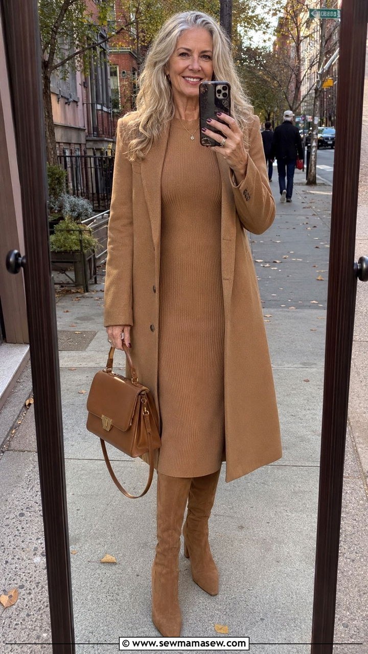 Suede knee boots with knit dress and camel wool coat fall
