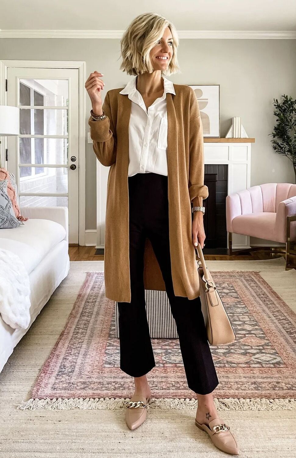 Faux suede button-down shirt with black trousers fall look