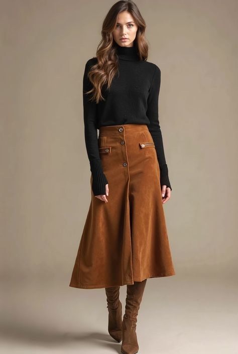 Chocolate suede midi skirt with black turtleneck and knee boots
