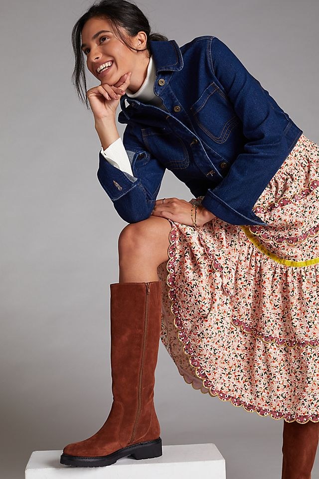 Brown suede ankle boots with floral dress and denim jacket
