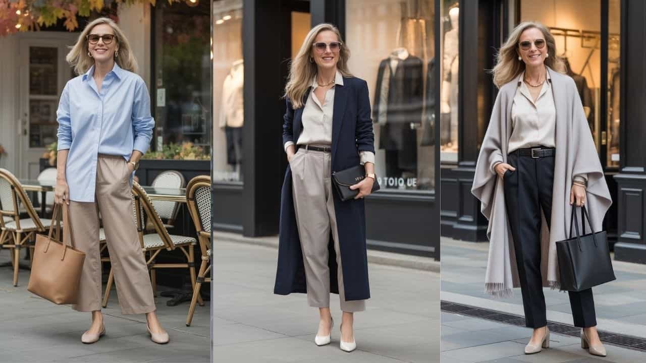Cognac suede vest over white shirt with wide trousers