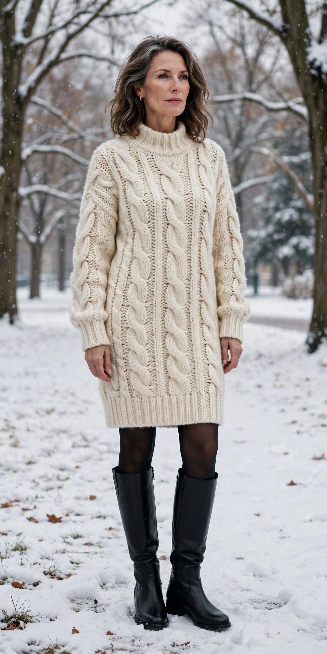 Woman over 50 in opaque black tights with a chunky cream knit sweater dress and knee-high boots