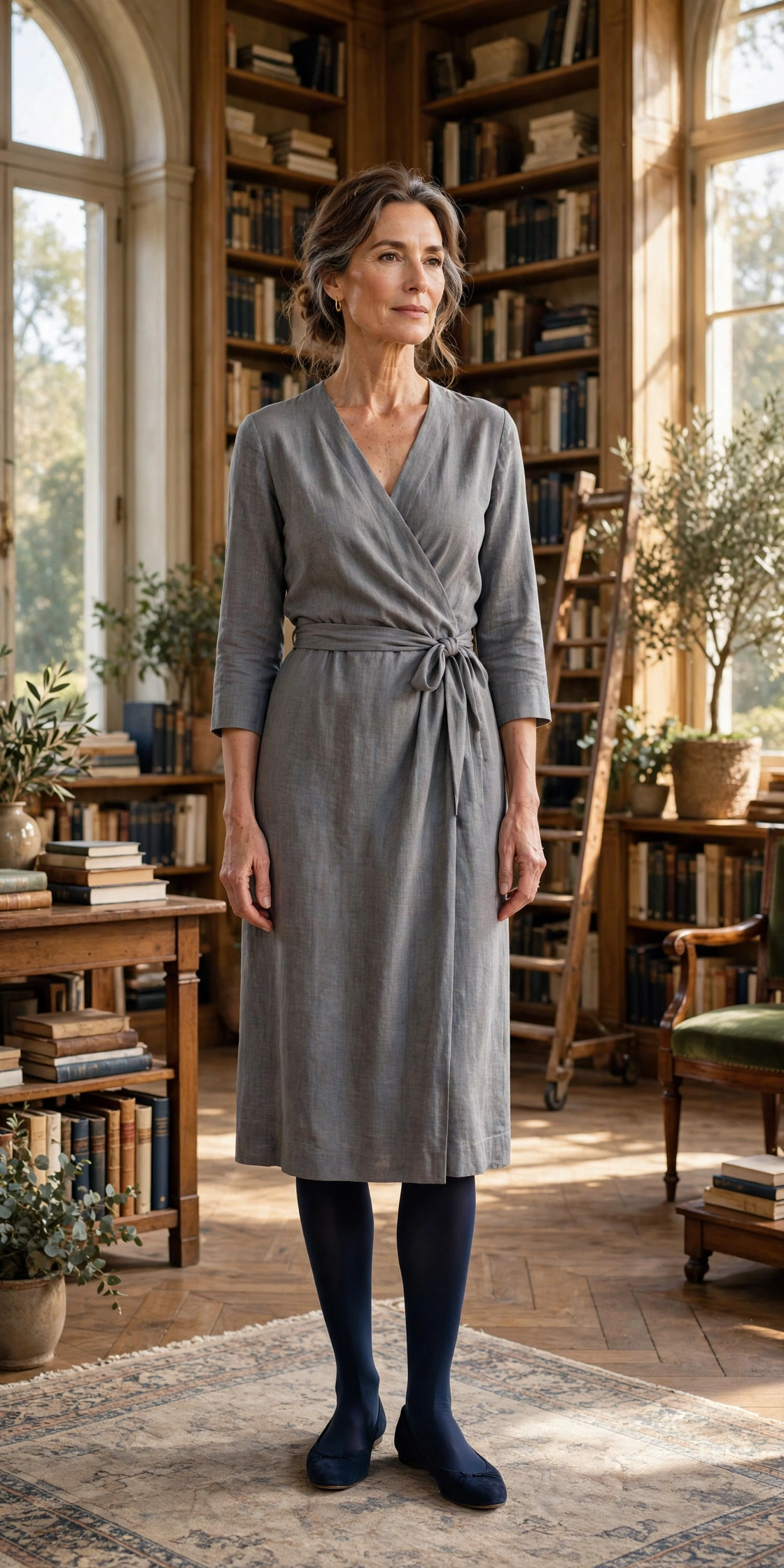 Elegant woman in her 50s wearing navy opaque tights with a grey wrap dress and navy flats