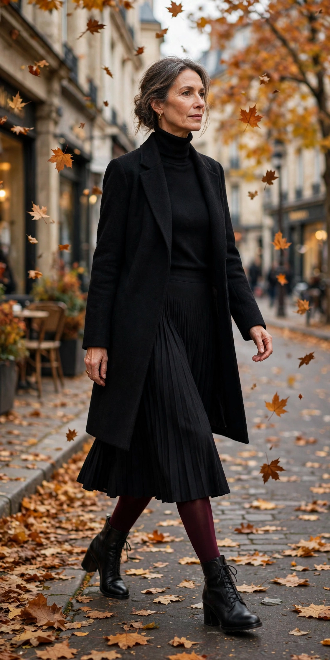 Woman over 50 in burgundy opaque tights with a black midi skirt and black ankle boots in autumn