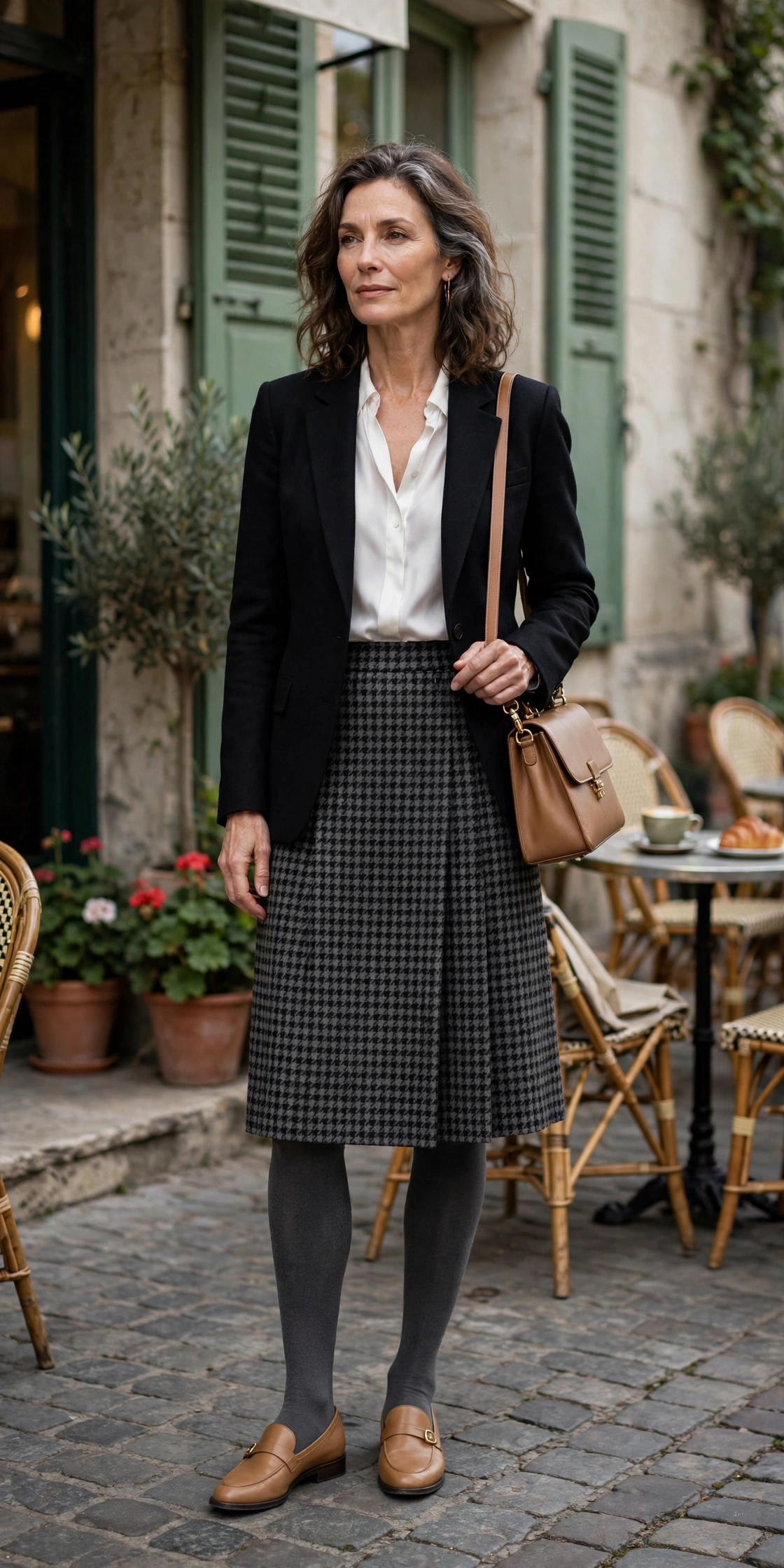 Woman in her 50s wearing charcoal opaque tights with a houndstooth skirt and tan loafers