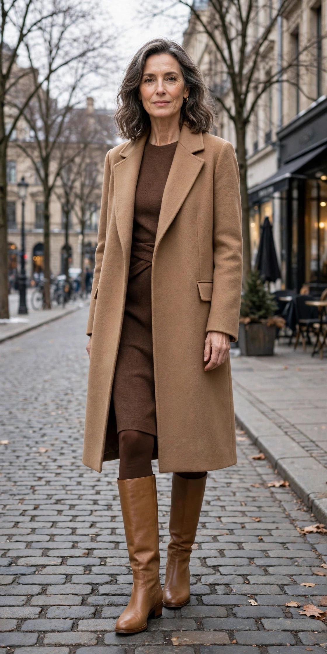 Elegant woman over 50 in chocolate brown opaque tights with a camel coat and tan knee-high boots