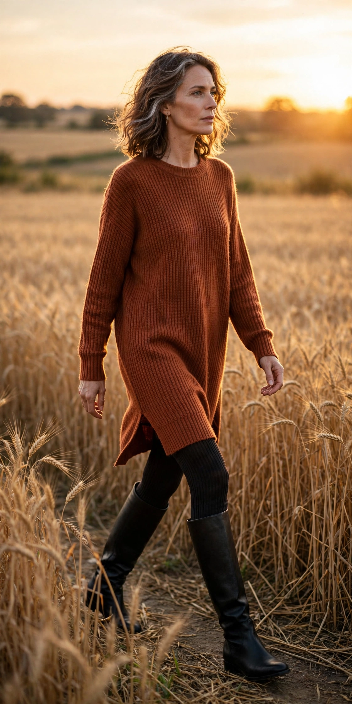 Woman in her 50s wearing ribbed opaque tights with a long rust knit tunic and tall boots