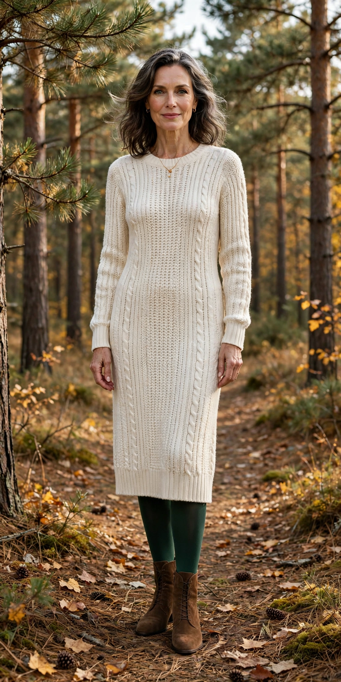 Elegant woman over 50 in forest green opaque tights with a cream knit dress and brown boots