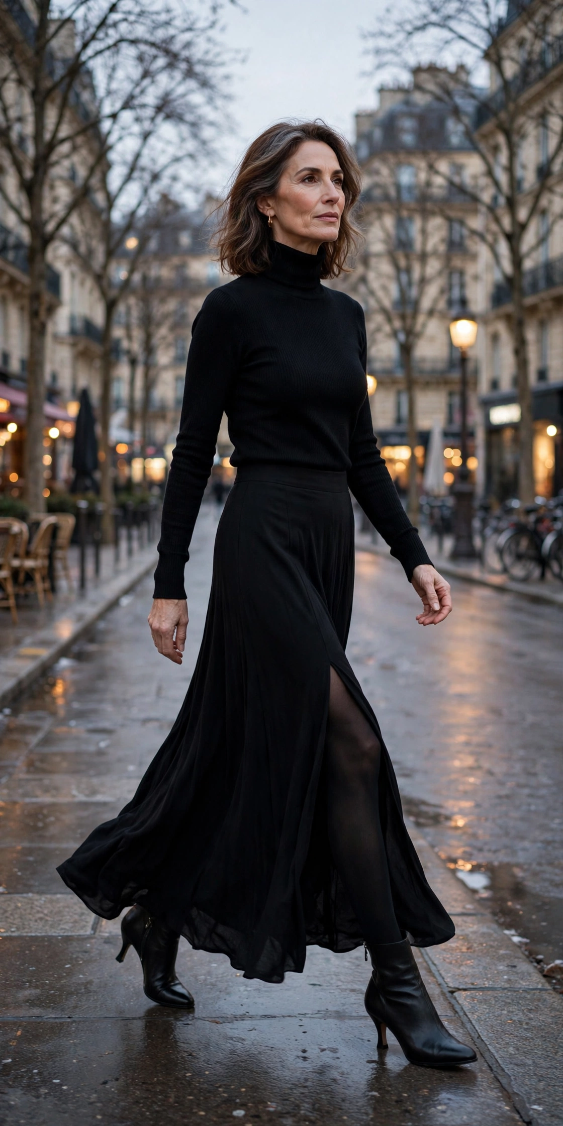 Woman in her 50s wearing opaque black tights with a side-slit maxi skirt and heeled boots