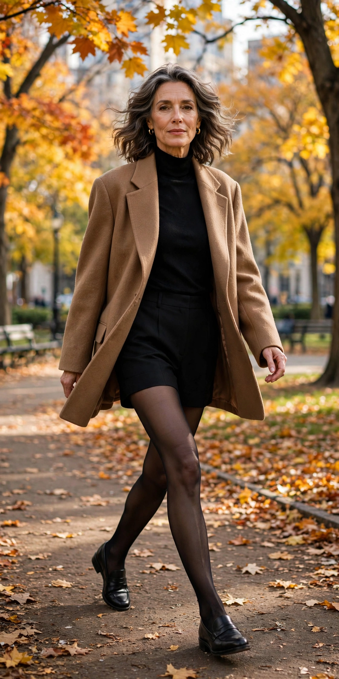 Elegant woman in her 50s wearing sheer black tights with tailored shorts and an oversized camel blazer