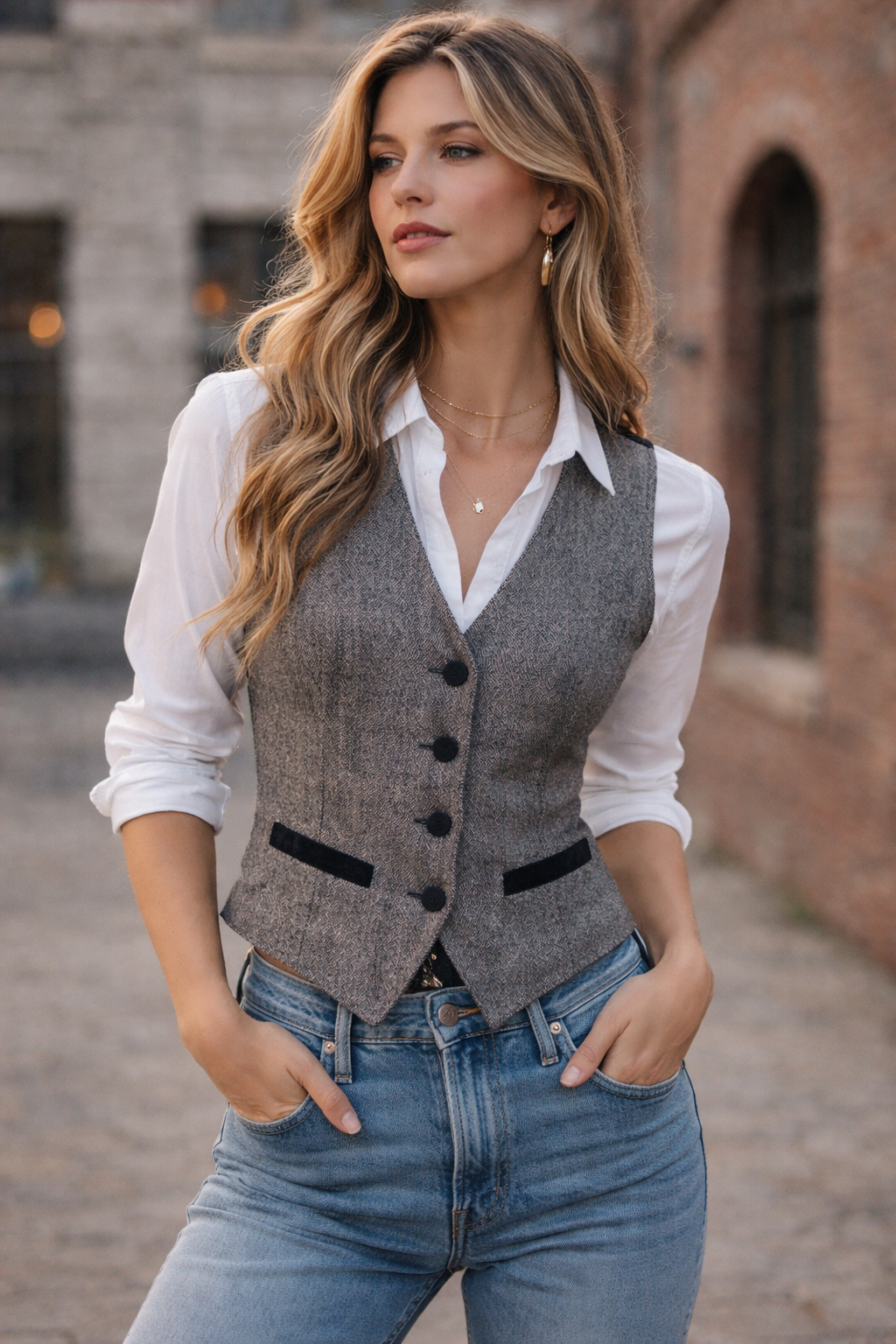 Grey tweed waistcoat over white shirt with jeans for women over 50