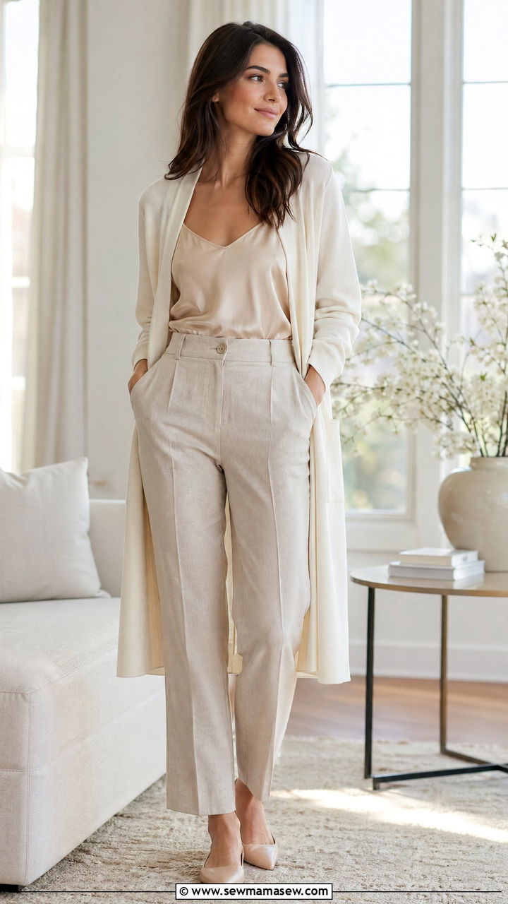Wide-leg tweed trousers with silk cami and long cardigan for women over 50