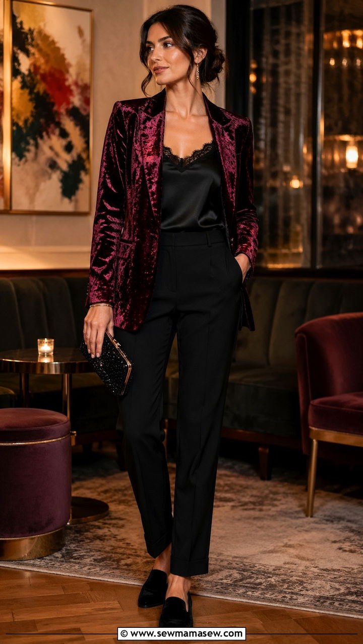 Emerald velvet blazer with black silk camisole and wide trousers, evening outfit for women over 50