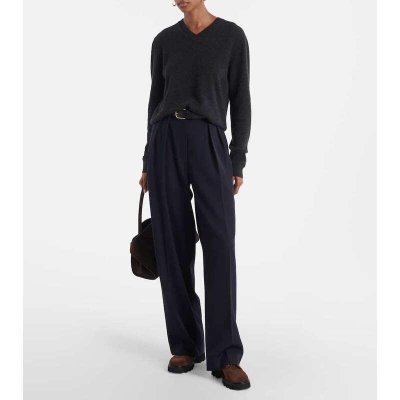 Navy velvet trousers with grey sweater and loafers, daytime fall outfit for women over 50