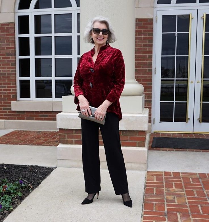 Burgundy velvet skirt with silk blouse and heels, elegant dinner outfit for women over 50